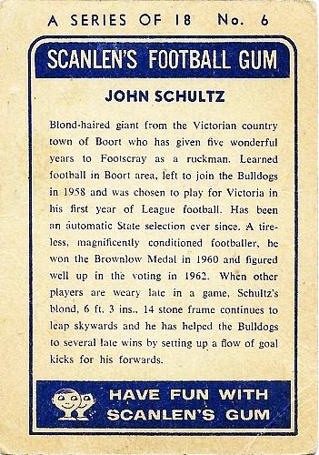 1963 Scanlens VFL #6 John Schultz Back